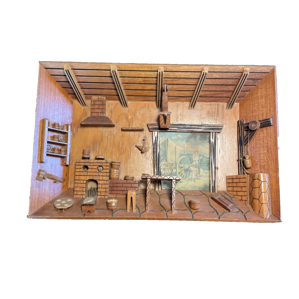 Vintage Mexican Shadow Box Diorama‎ Kitchen Scene Hunting Cabin 1960's MCM 13x18